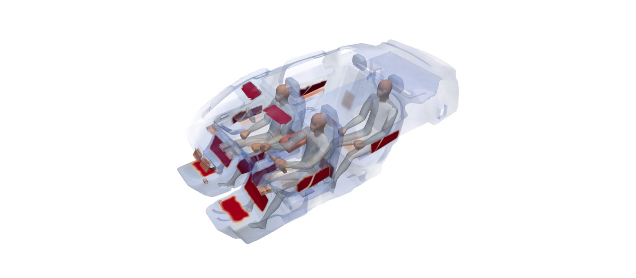 Thermal comfort simulation showing local heated zones in a transparent vehicle cabin